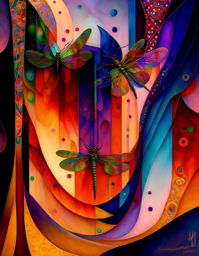 Colorful Abstract Painting with Swirling Patterns and Dragonflies