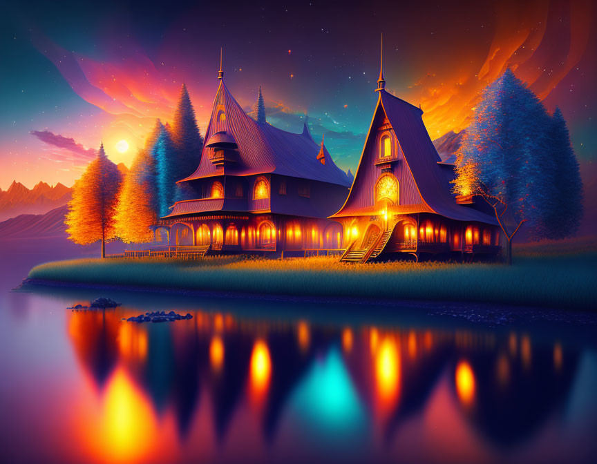 Illuminated house by lake at twilight with vibrant trees and starry sky