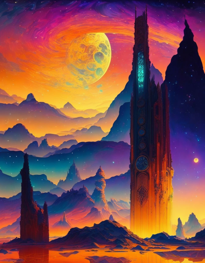 Fantasy landscape with towering spires, large moon, purple to orange sky