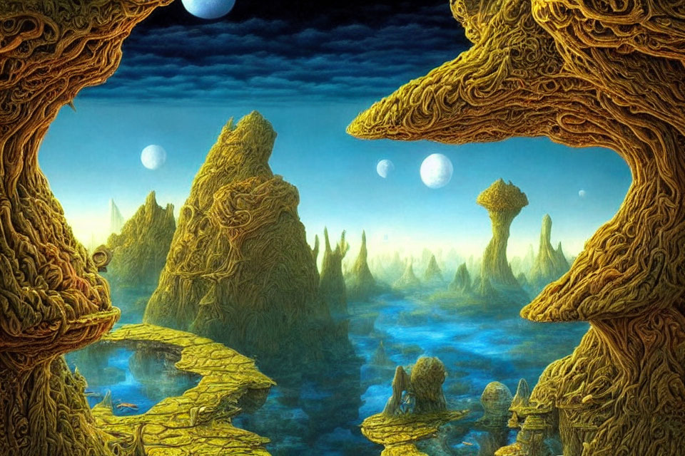 Surreal landscape with rocky formations and floating spheres