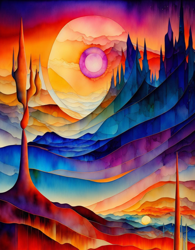 Surreal landscape painting with stylized mountains and bold sun