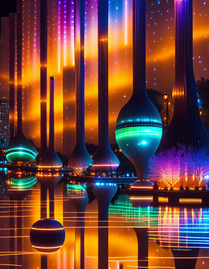 Futuristic illuminated towers in vibrant night scene