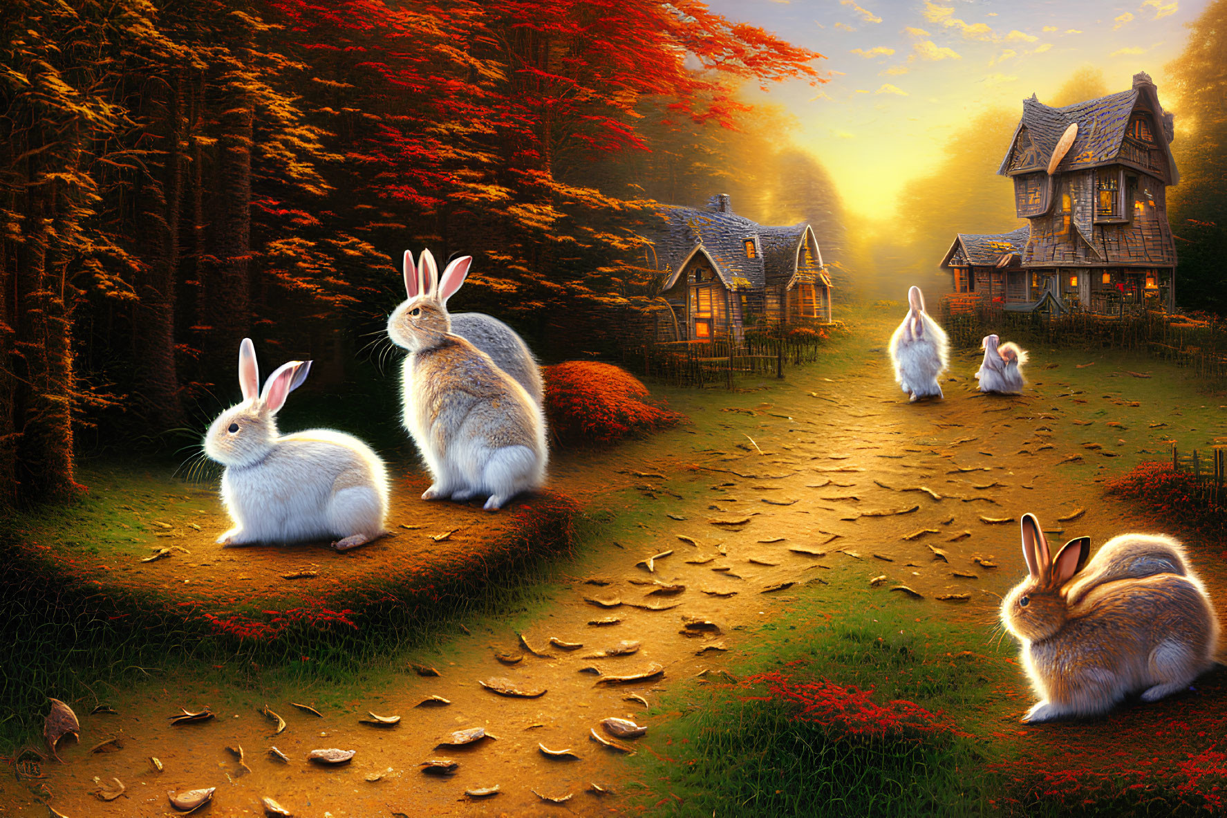 Idyllic autumnal scene: rabbits in front of thatched-roof cottages