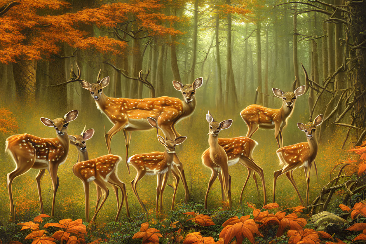 Spotted deer in autumn forest with pumpkins