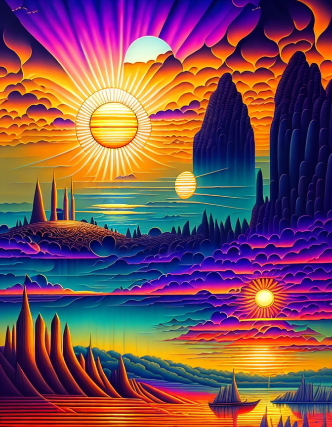 Colorful Psychedelic Landscape with Multiple Suns & Sailing Vessels