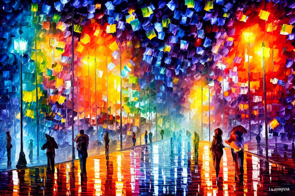 Colorful painting of people with umbrellas on rain-slicked street