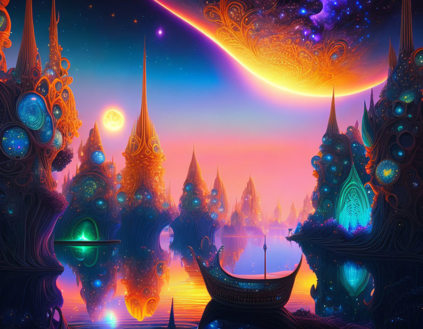 Colorful otherworldly landscape with luminous structures and celestial sky.