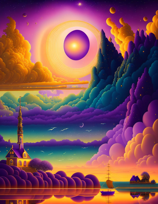 Surreal landscape featuring sun, purple clouds, church, ship, and floating islands