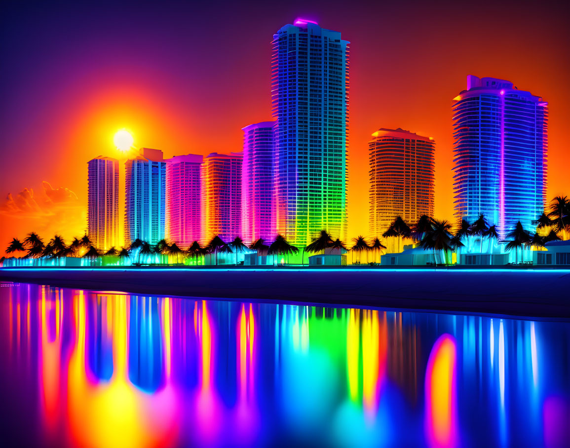 Neon-lit city skyline sunset with palm tree silhouettes reflected on water