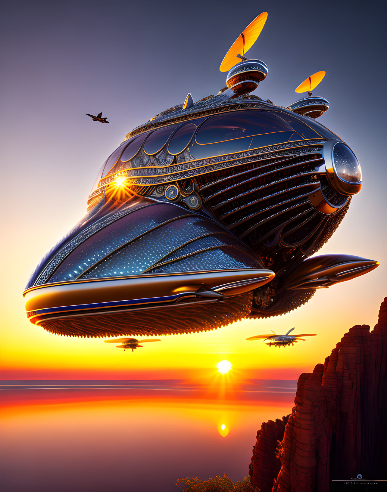 Futuristic spaceship over vibrant sunset with rock formations & flying crafts