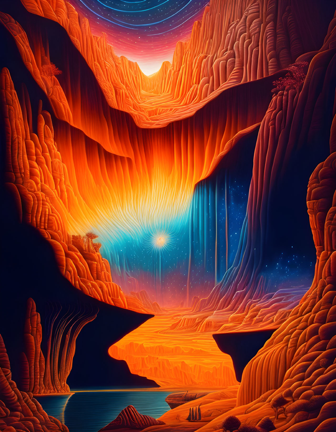 Surreal alien landscape with orange rock formations, starry sky, sun, waterfalls, and