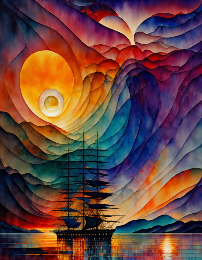 Colorful Tall Ship Painting on Calm Sea with Sunset Sky Patterns