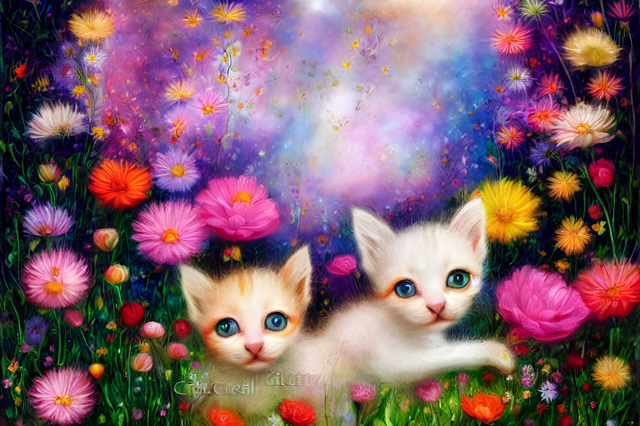 Vibrant Artwork: Two Kittens in Fantastical Garden