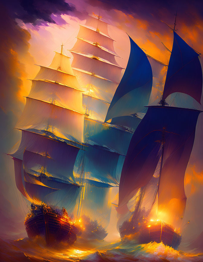 Tall Ship with Billowing Sails in Golden Light at Sea