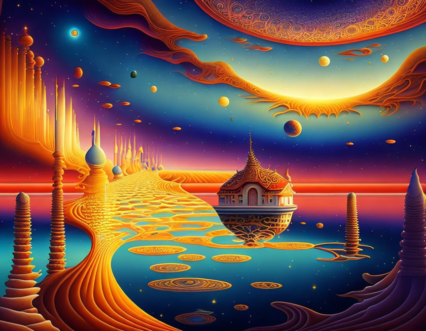 Surreal landscape with golden path, spired structures, and celestial sky