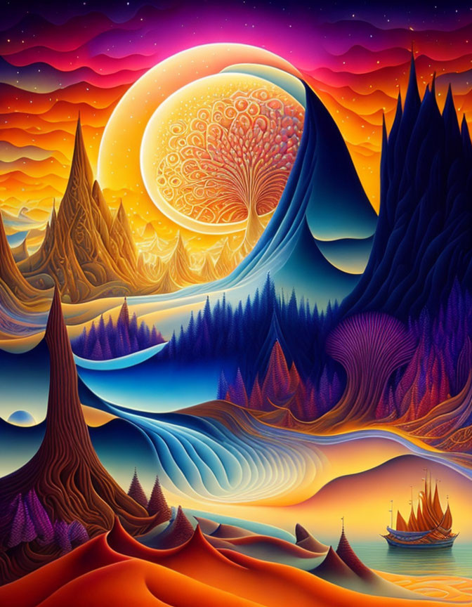 Surreal landscape with stylized mountains, moon, sky patterns, and ship