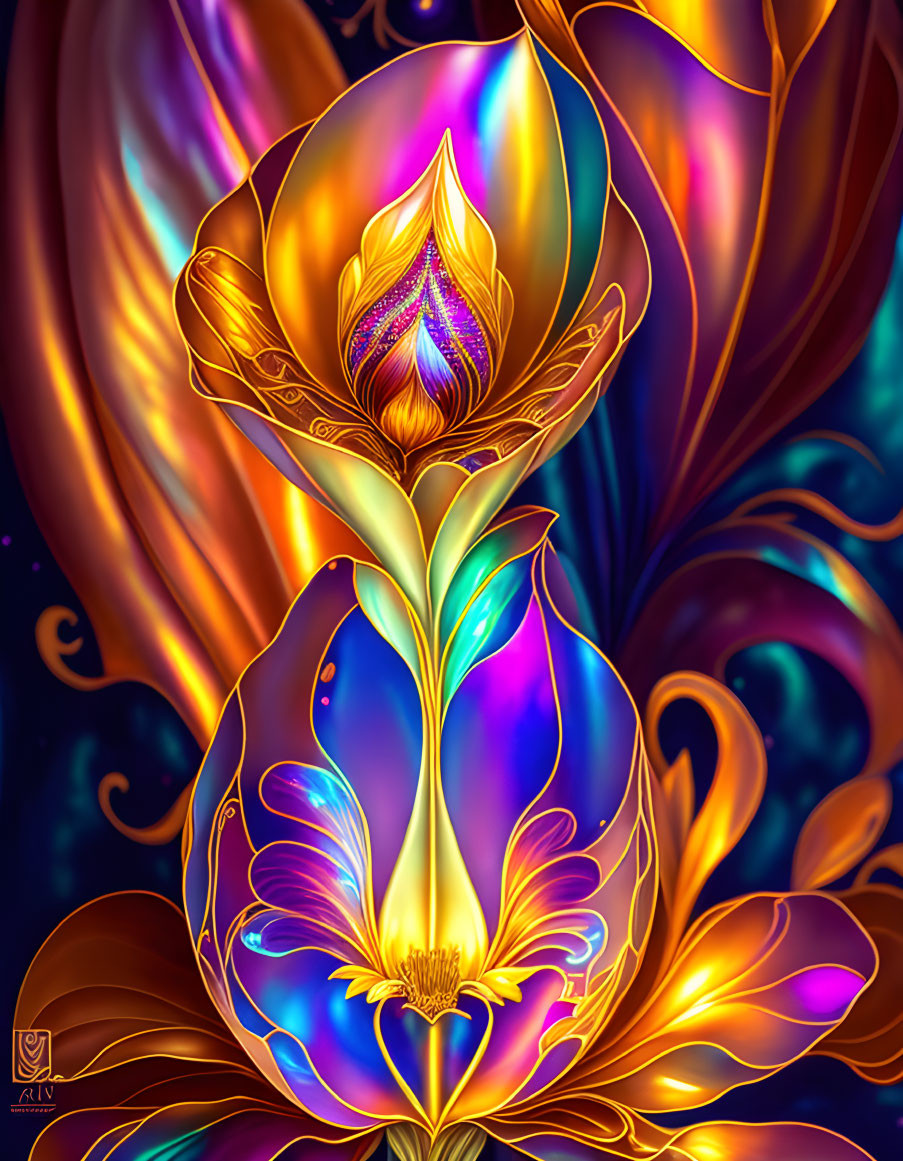 Colorful digital painting of a luminescent flower with gold and blue petals