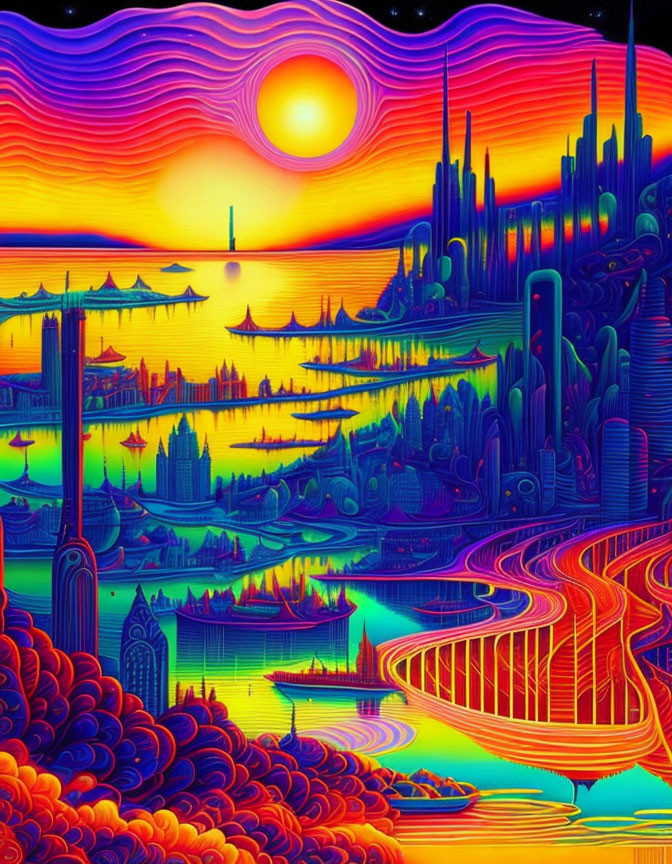 Colorful Psychedelic Futuristic Cityscape with Sunlit Sky