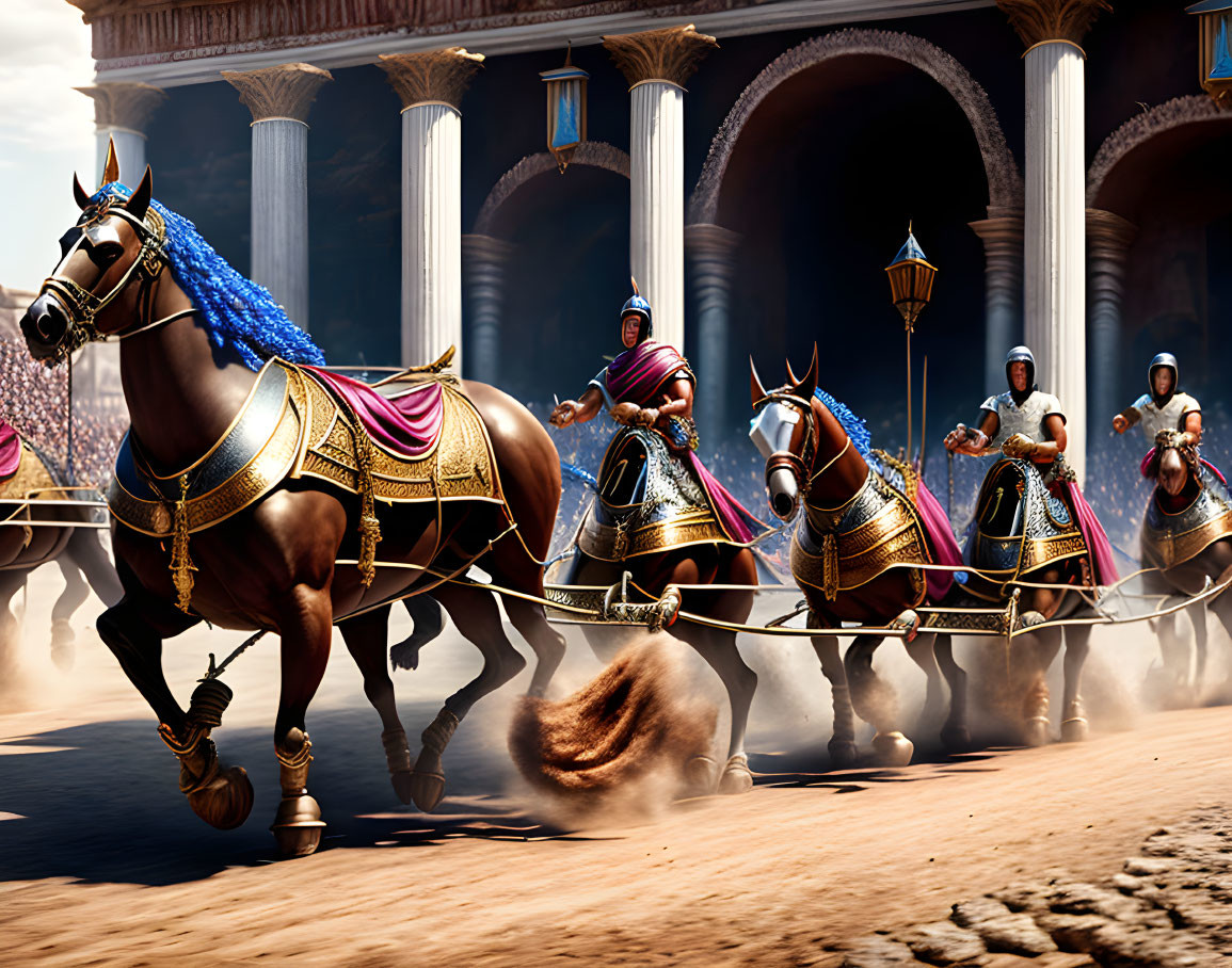 Ancient arena scene with charioteer, horses, riders, crowd, and pillars