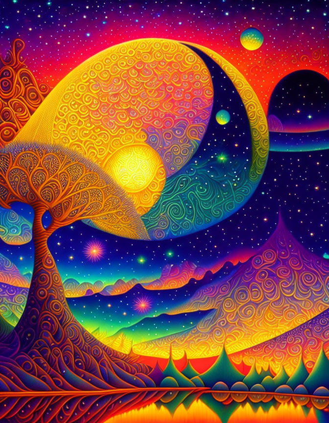 Colorful Crescent Moon Illustration with Psychedelic Patterns