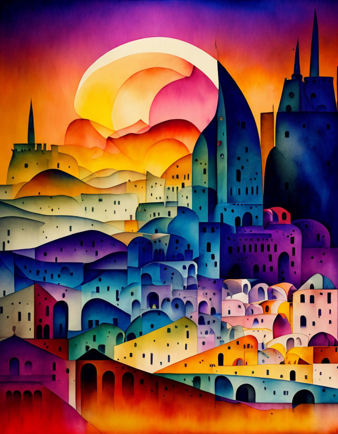 Colorful cityscape painting with vibrant buildings and swirling sky