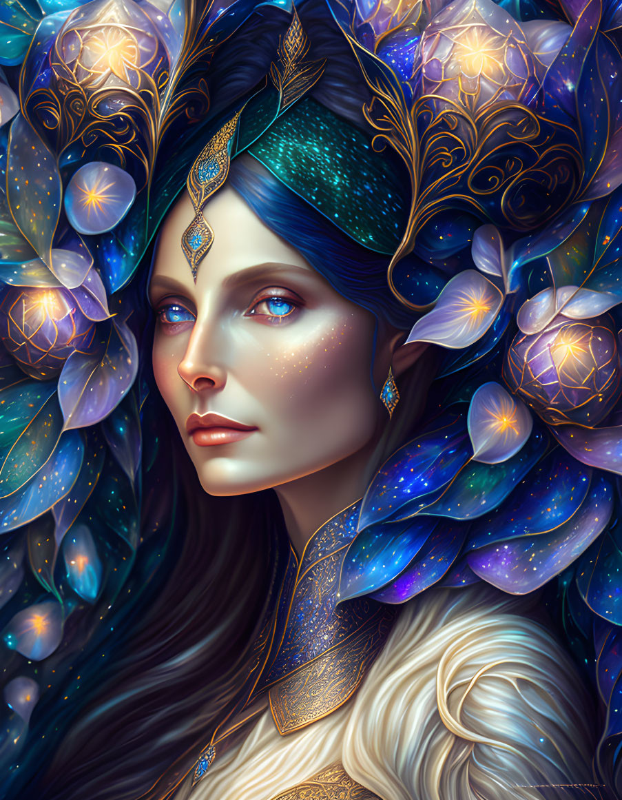 Illustration of Woman with Blue Hair and Cosmic Flowers in Mystical Setting