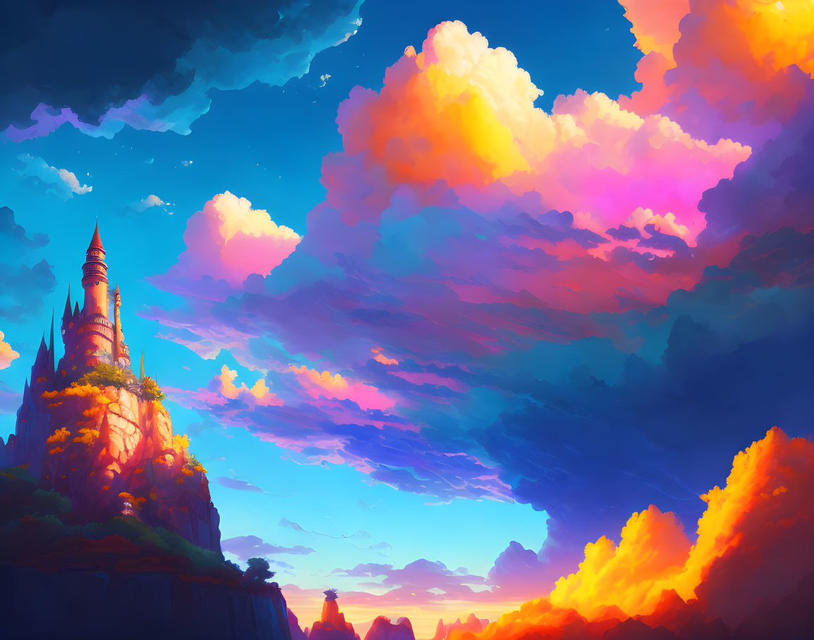 Colorful illustration: Magical castle on cliff at sunset