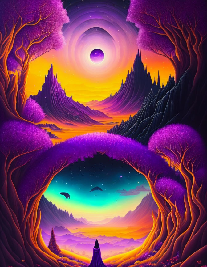 Surreal landscape digital art: purple trees, mountains, starry sky, swirling vortex, birds