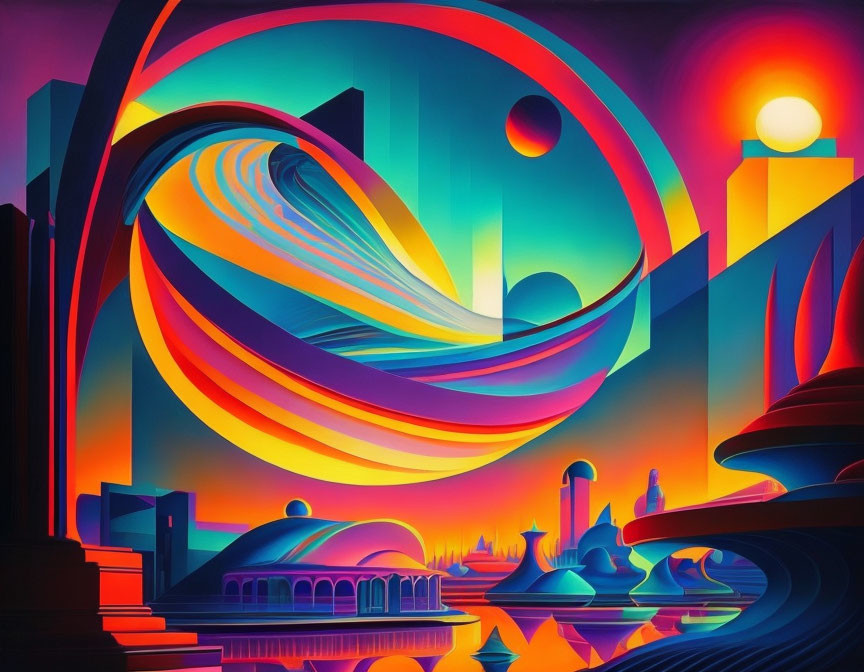 Colorful retro-futuristic cityscape with geometric buildings and neon lights.