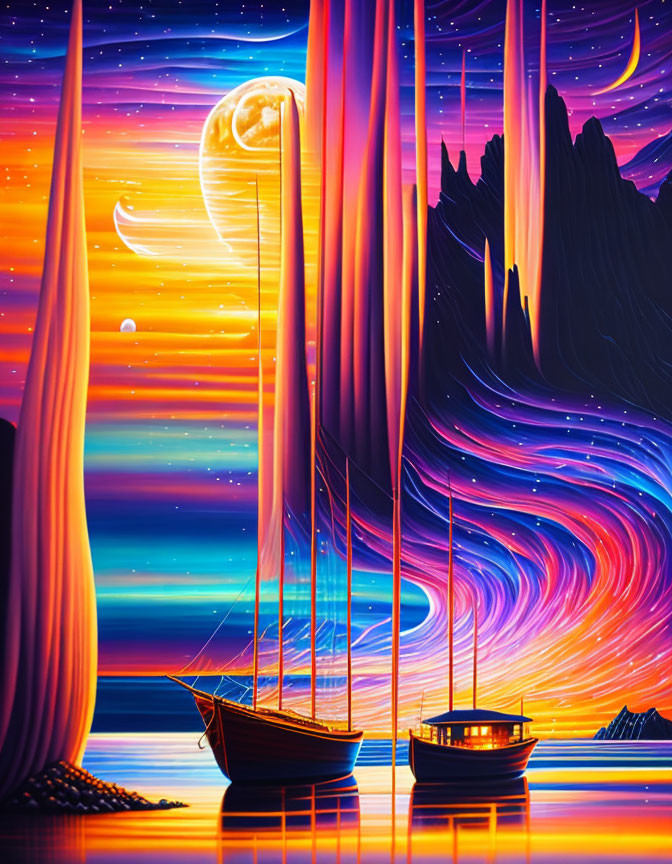 Surreal seascape digital art with boats, cliffs, and celestial elements