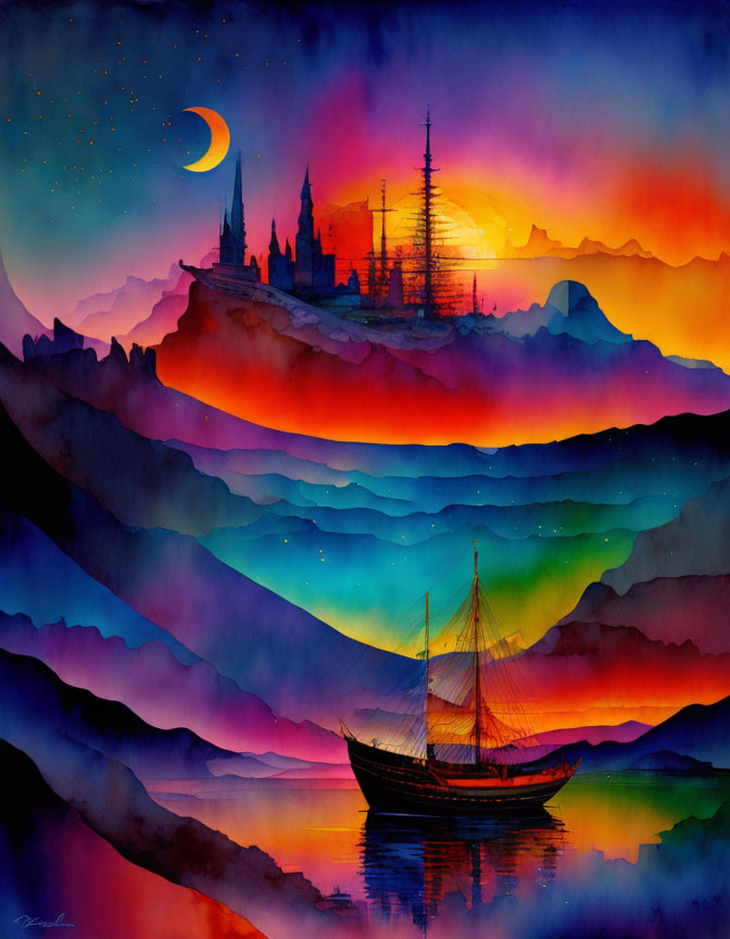 Sailboat and Castle Watercolor Painting at Dusk