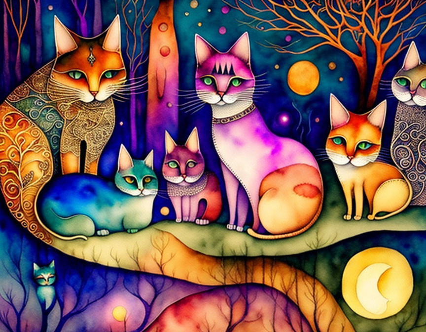 Vibrant artwork of seven patterned cats in magical forest