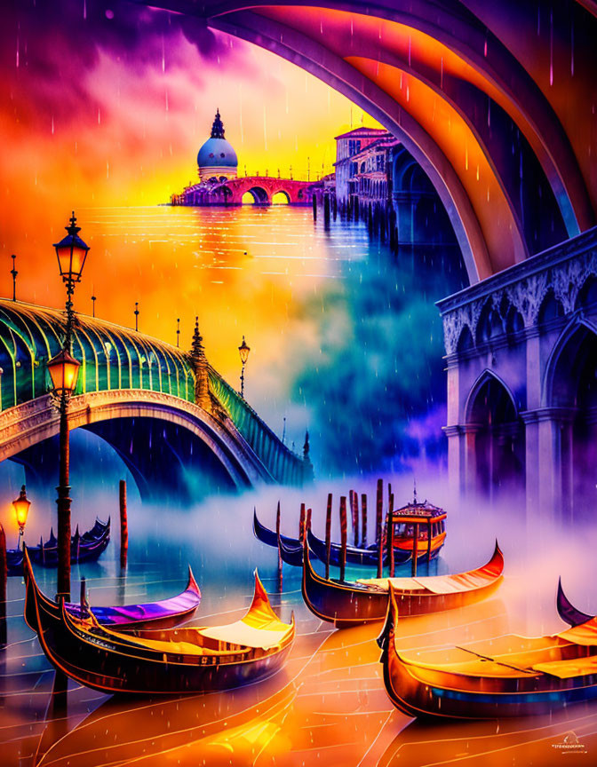 Colorful Venice Artwork: Gondolas, Bridge, Canal, Sunset Sky