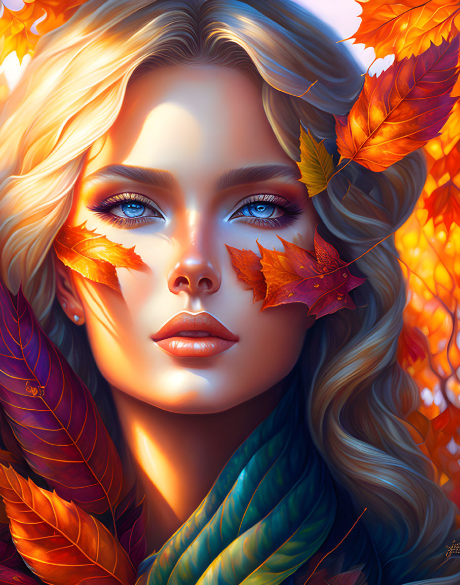 Illustrated woman with blue eyes in autumn setting