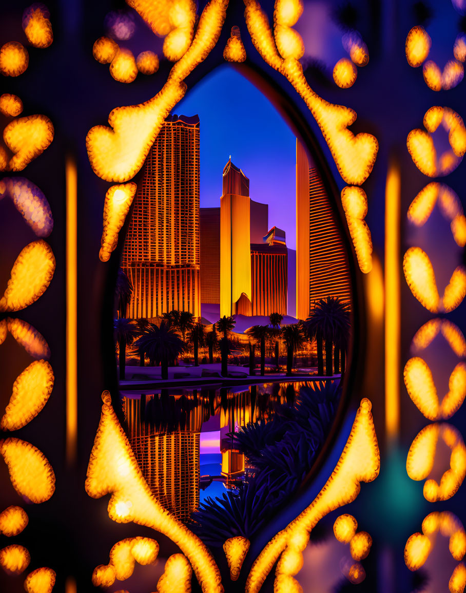 Urban skyline at dusk with illuminated circular decorations and glowing reflections.