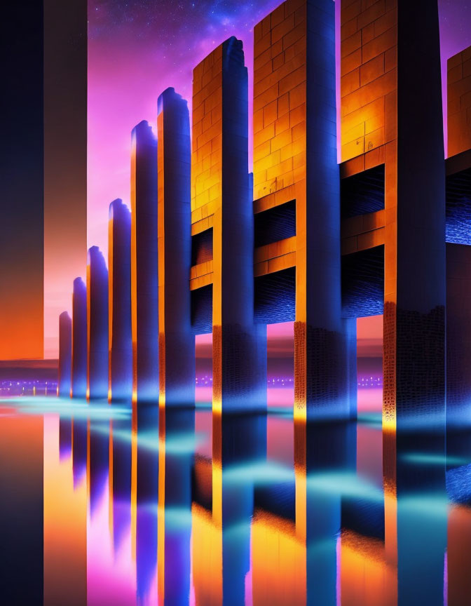 Futuristic cityscape with neon-lit buildings and sunset sky