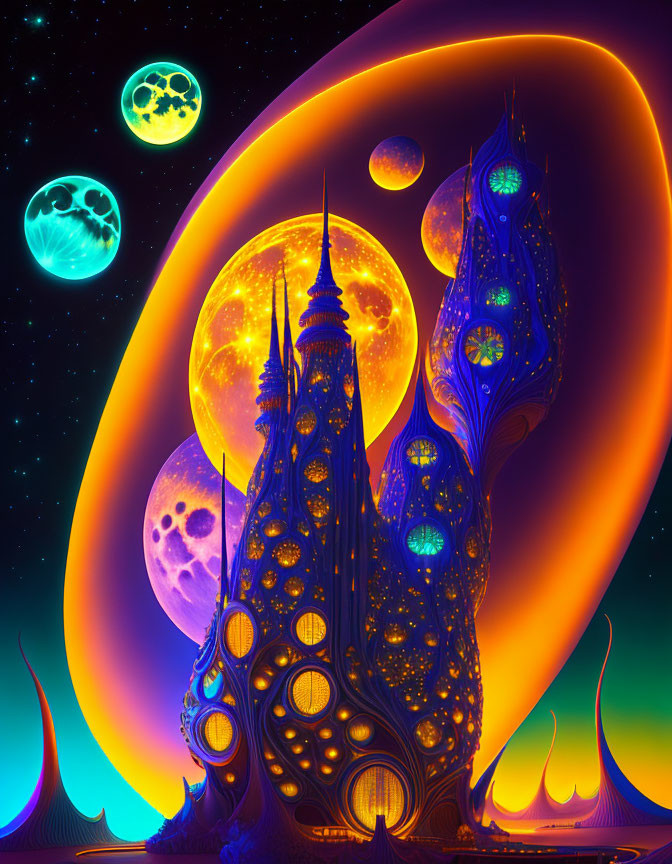 Majestic alien cityscape under multiple moons & planets