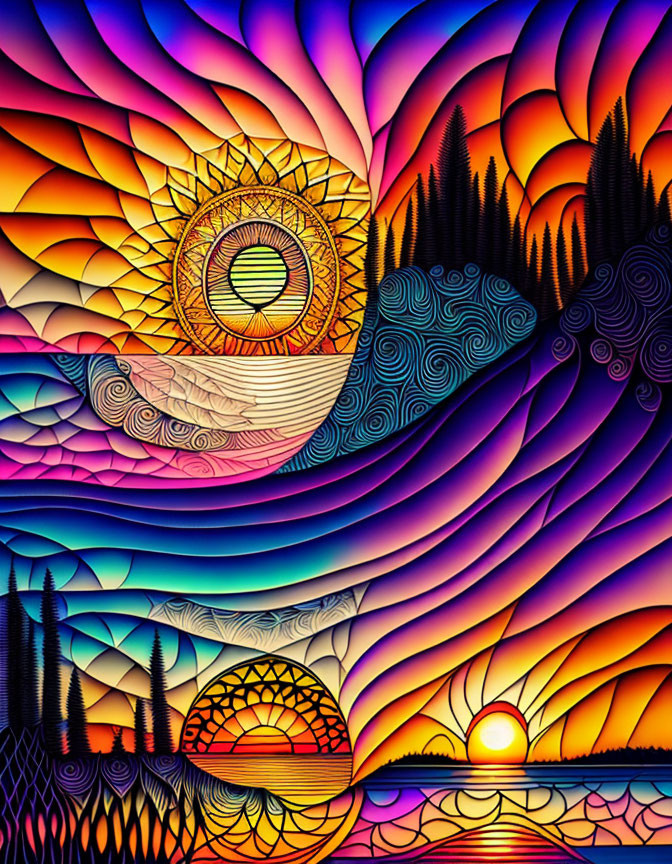 Colorful abstract landscape with sunset, waves, trees, and stylized patterns.