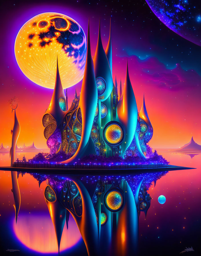 Fantasy landscape with reflective water, alien spires, moon, and starry sky.