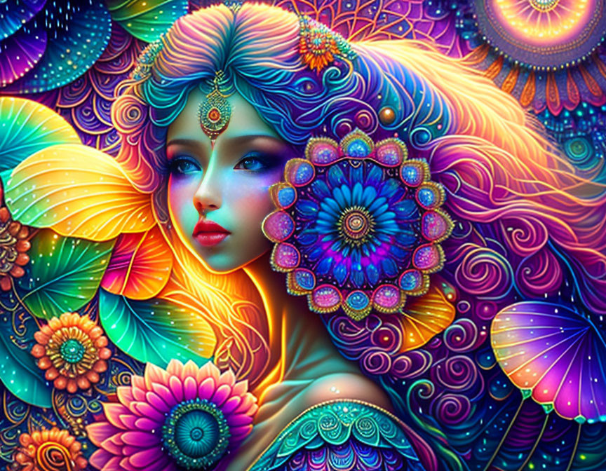 Colorful Artwork: Woman with Stylized Features and Psychedelic Floral Patterns