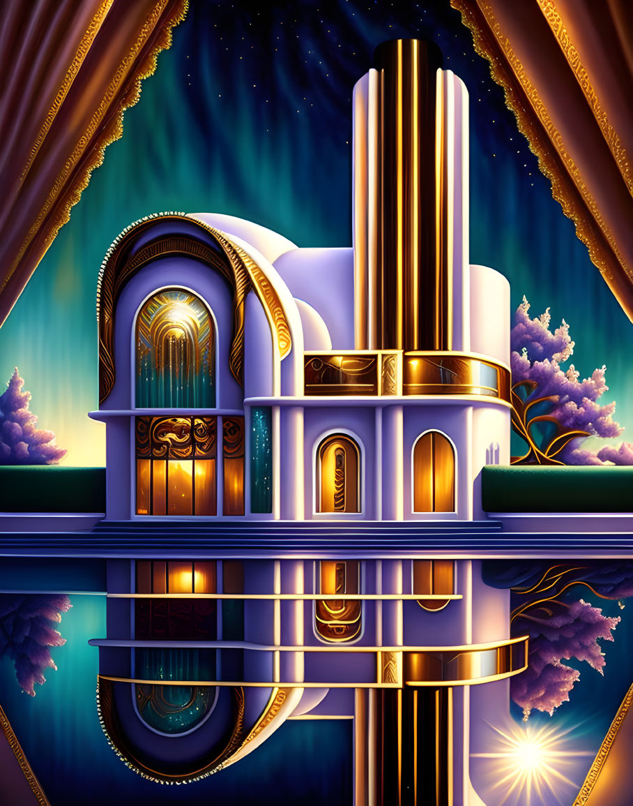 Art Deco Style Building with Gold Accents and Starry Sky Reflection