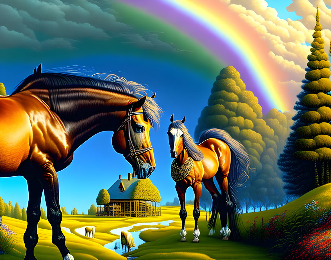 Vibrant countryside scene with two horses, rainbow, cottage, sheep, and blue sky