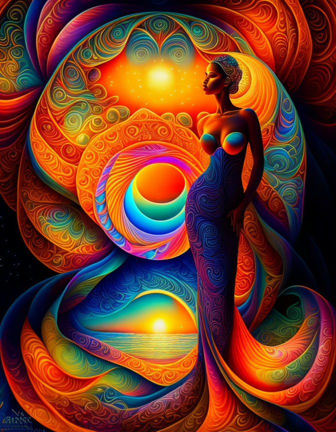 Colorful digital artwork of stylized woman with cosmic background