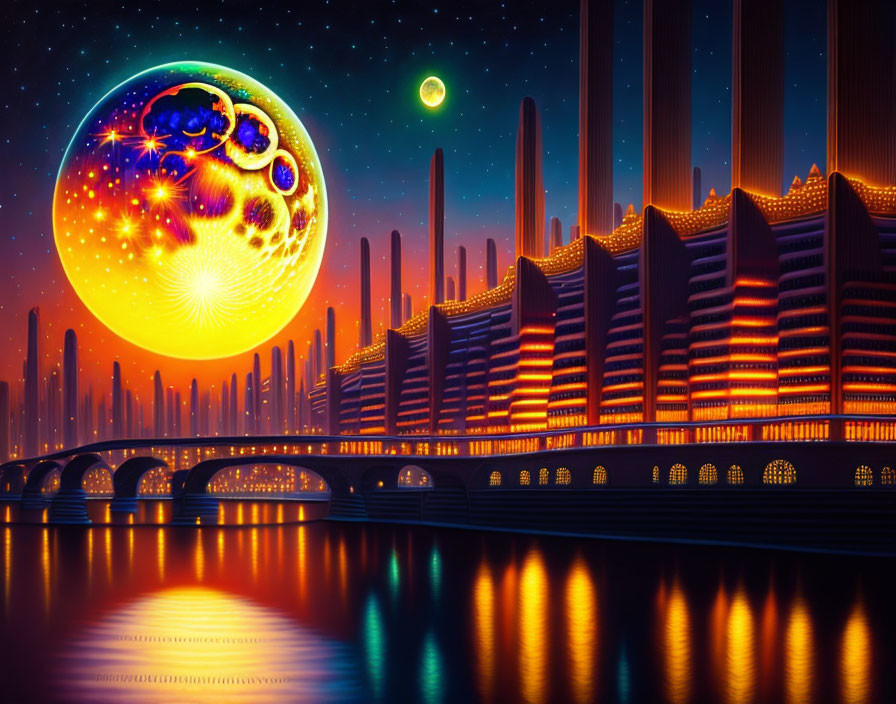 Futuristic cityscape at night with stylized bridge and oversized moon