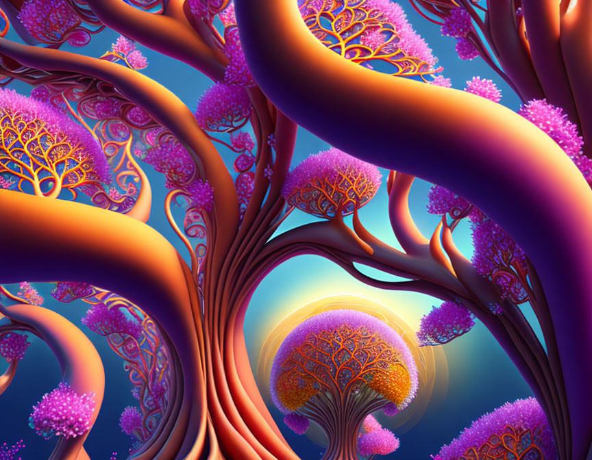 Fractal landscape with twisted tree-like structures in purple and orange hues against blue gradient