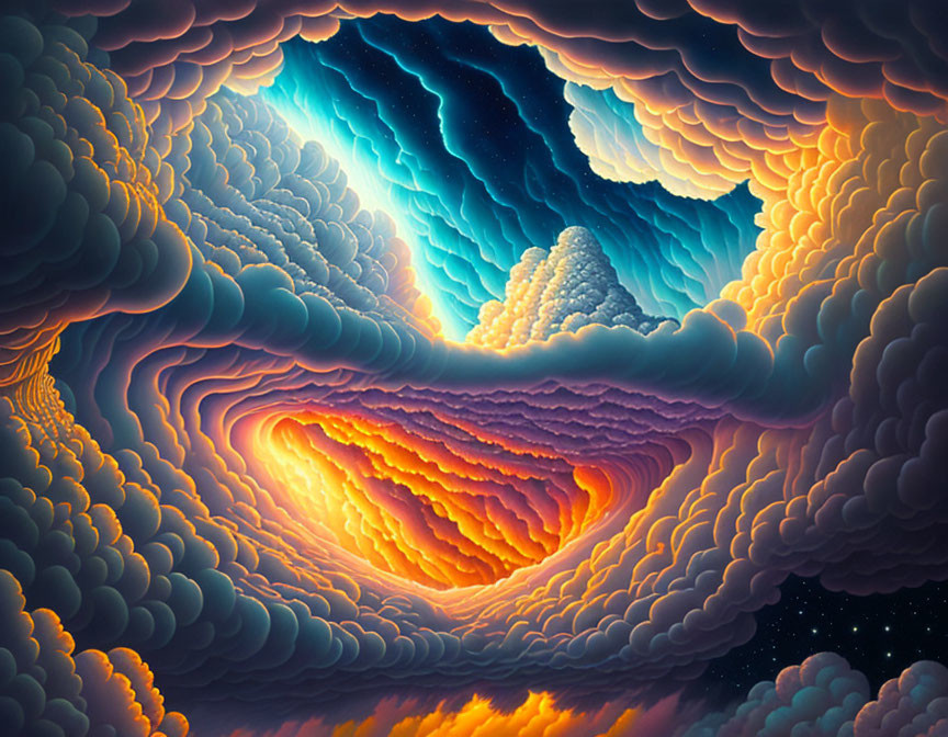 Colorful digital artwork of surreal landscape with layered clouds in orange, yellow, and blue hues under a