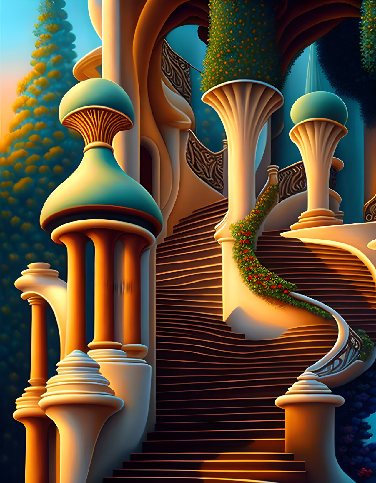 Fantasy landscape with mushroom structures and spiral staircase in vibrant forest