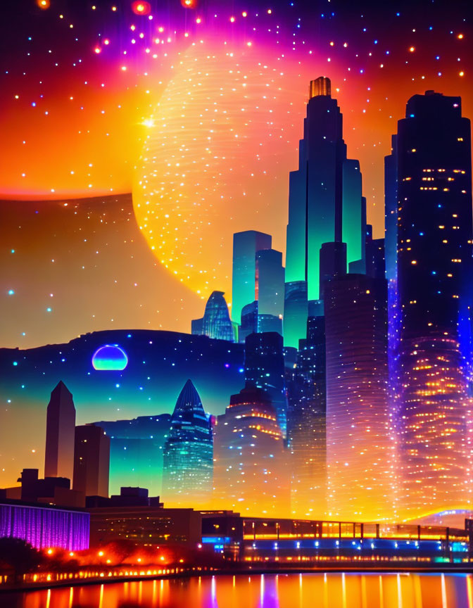 Colorful cityscape with skyscrapers under starry sky and large planet reflected in water