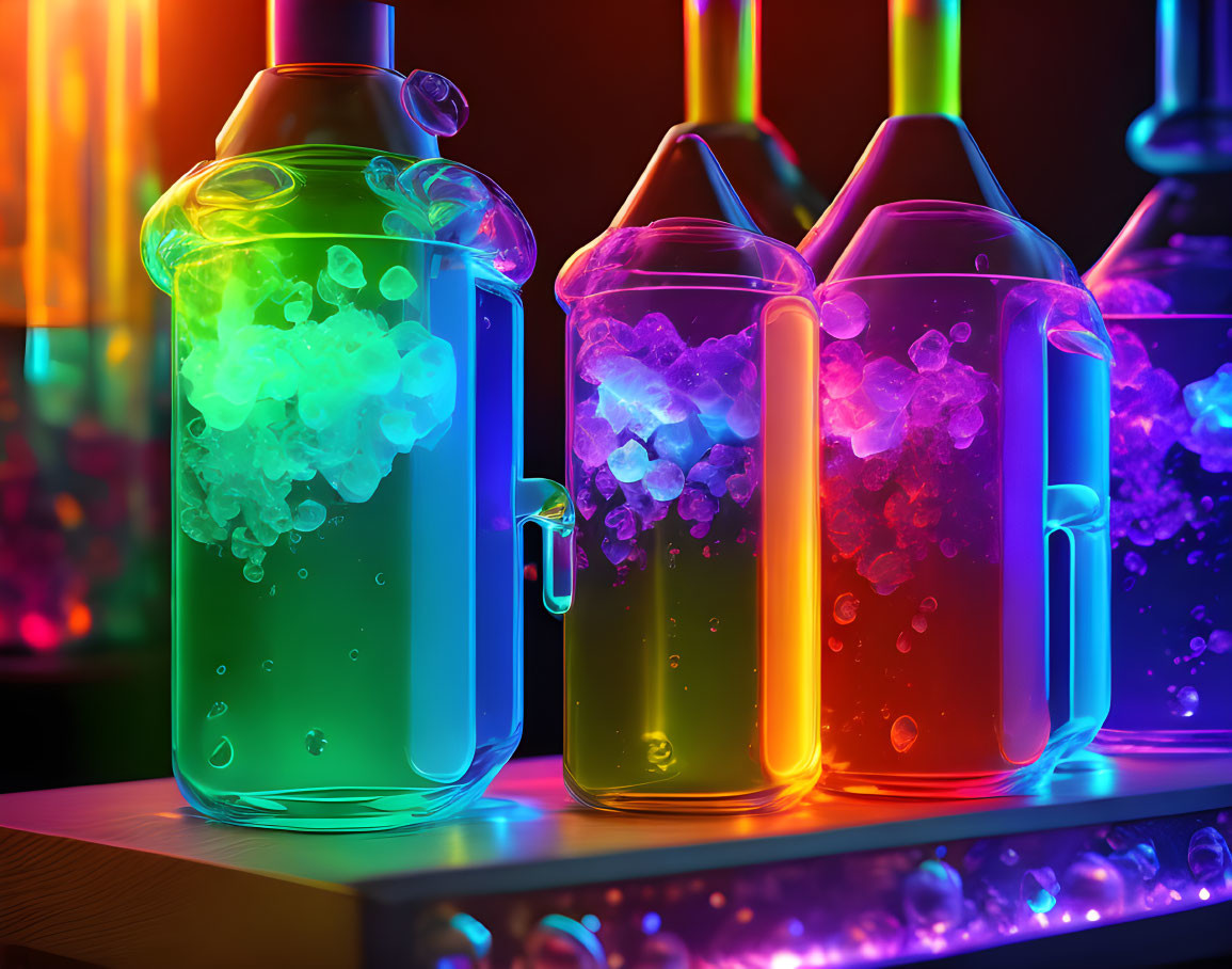 Vibrant Glowing Laboratory Flasks on Shelf in Dark Room