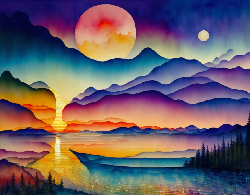 Sunset Watercolor Painting: Purple Mountains, Red Sun, Reflection, Silhouetted Trees